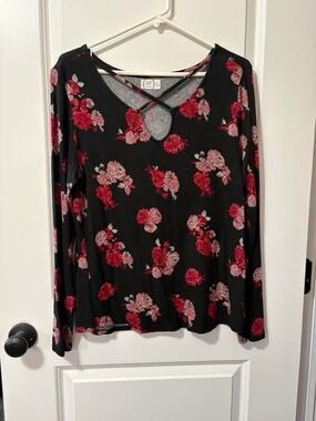 Floral Crisscross Neck Long Sleeve Top - Black with Red Floral